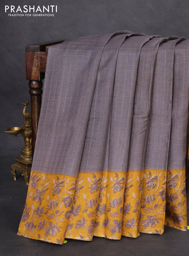 Pure tussar silk saree grey and mustard yellow with allover zari checked pattern and kalamkari printed border