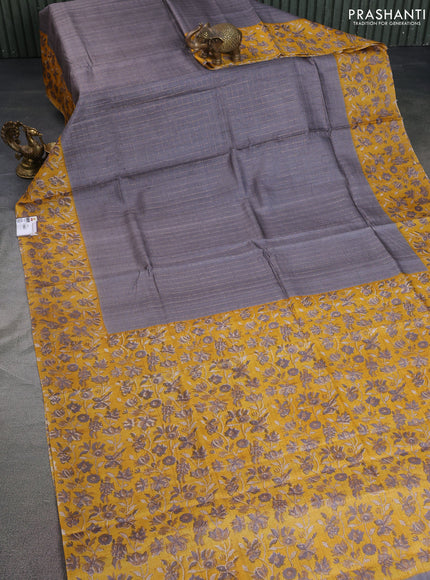 Pure tussar silk saree grey and mustard yellow with allover zari checked pattern and kalamkari printed border