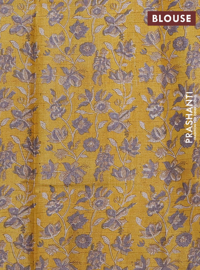 Pure tussar silk saree grey and mustard yellow with allover zari checked pattern and kalamkari printed border