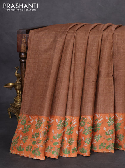 Pure tussar silk saree brown and orange with allover zari checked pattern and kalamkari printed border