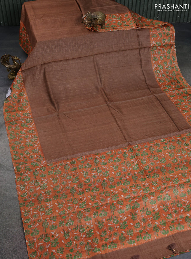 Pure tussar silk saree brown and orange with allover zari checked pattern and kalamkari printed border