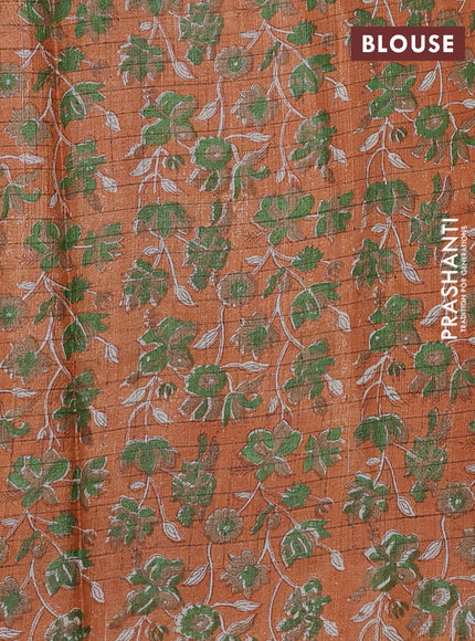 Pure tussar silk saree brown and orange with allover zari checked pattern and kalamkari printed border