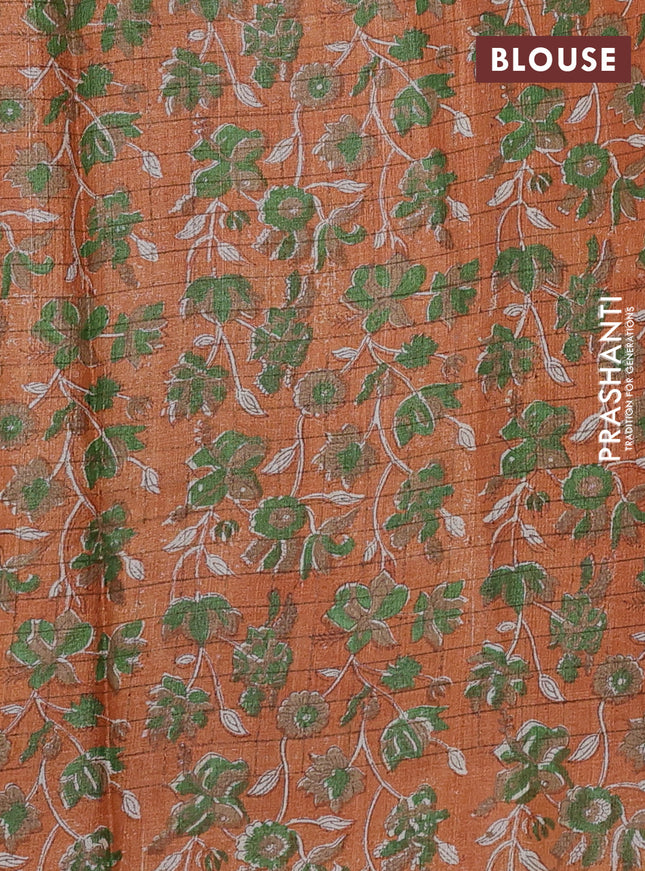 Pure tussar silk saree brown and orange with allover zari checked pattern and kalamkari printed border