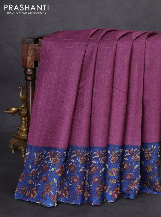 Pure tussar silk saree purple shade and blue with allover zari checked pattern and kalamkari printed border