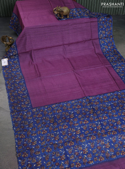Pure tussar silk saree purple shade and blue with allover zari checked pattern and kalamkari printed border