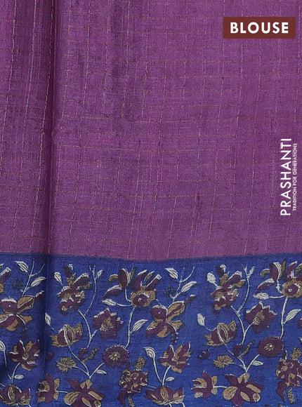 Pure tussar silk saree purple shade and blue with allover zari checked pattern and kalamkari printed border