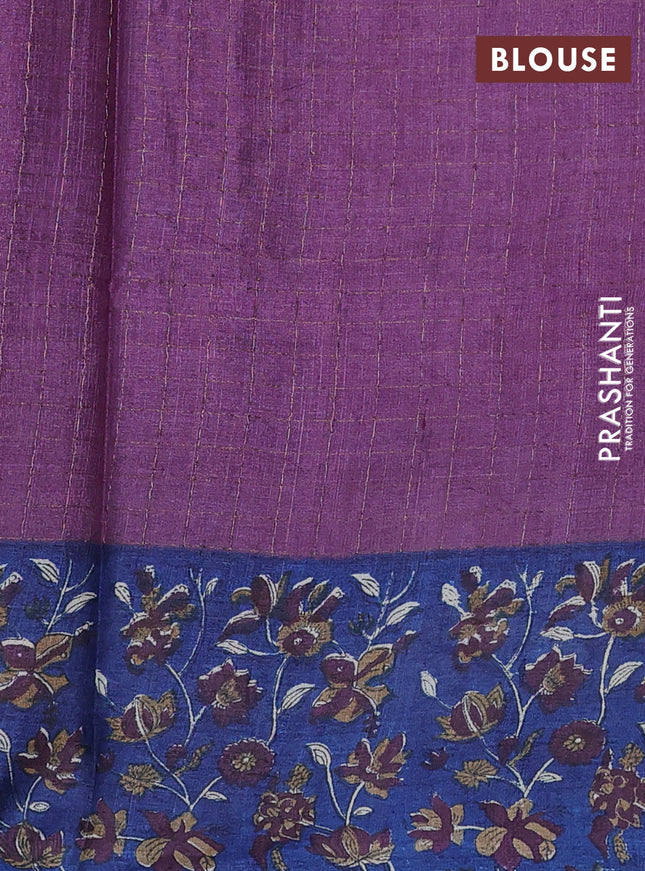 Pure tussar silk saree purple shade and blue with allover zari checked pattern and kalamkari printed border