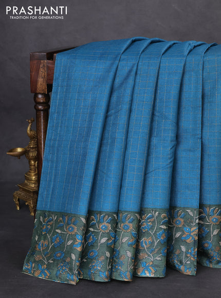 Pure tussar silk saree cs blue and sap green with allover zari checked pattern and kalamkari printed border