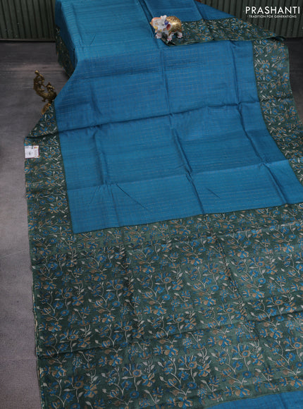 Pure tussar silk saree cs blue and sap green with allover zari checked pattern and kalamkari printed border
