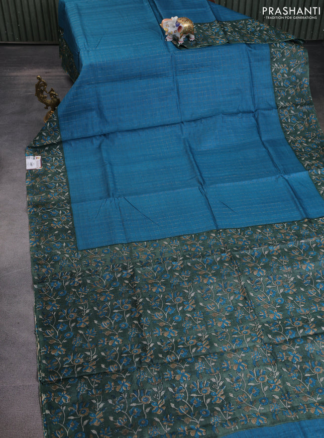 Pure tussar silk saree cs blue and sap green with allover zari checked pattern and kalamkari printed border