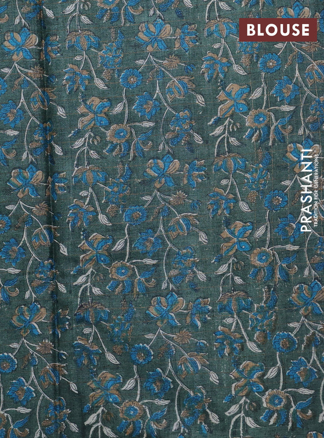 Pure tussar silk saree cs blue and sap green with allover zari checked pattern and kalamkari printed border