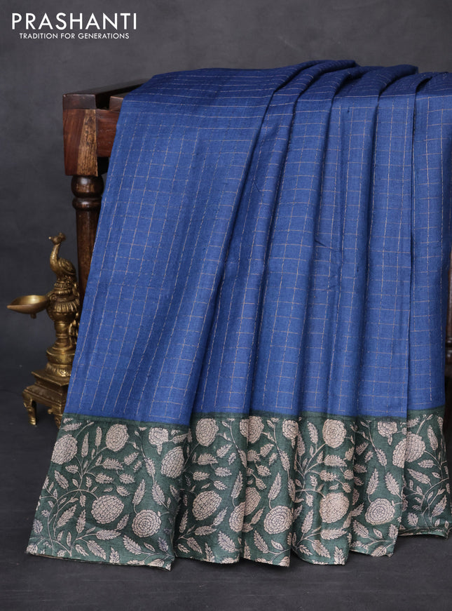 Pure tussar silk saree blue and peacock green with allover zari checked pattern and kalamkari printed border