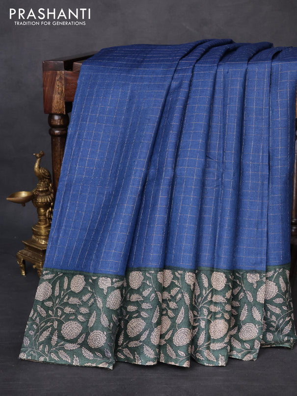 Pure tussar silk saree blue and peacock green with allover zari checked pattern and kalamkari printed border