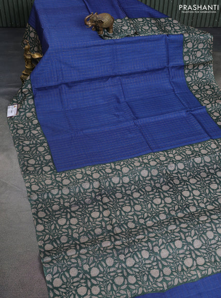 Pure tussar silk saree blue and peacock green with allover zari checked pattern and kalamkari printed border