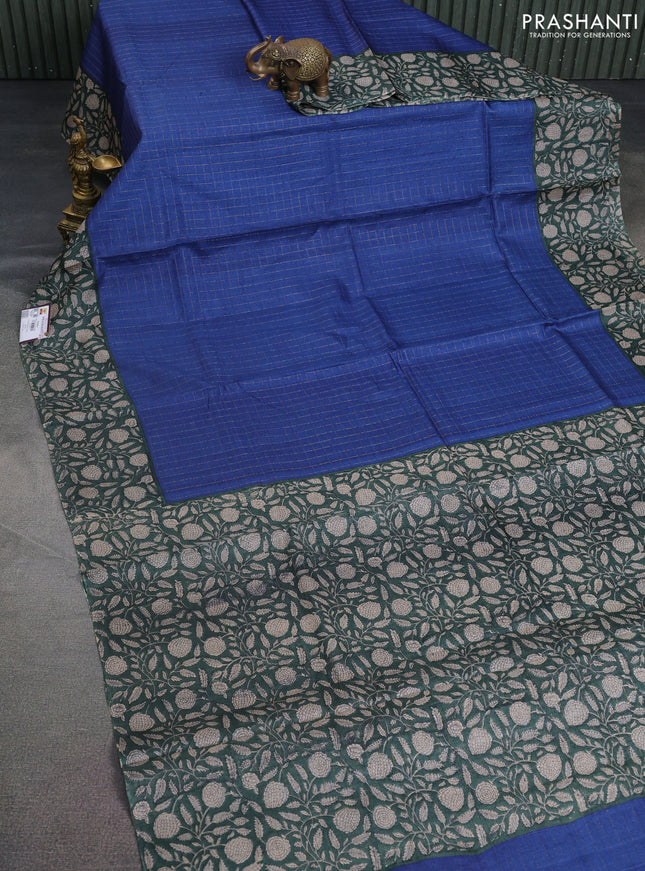 Pure tussar silk saree blue and peacock green with allover zari checked pattern and kalamkari printed border