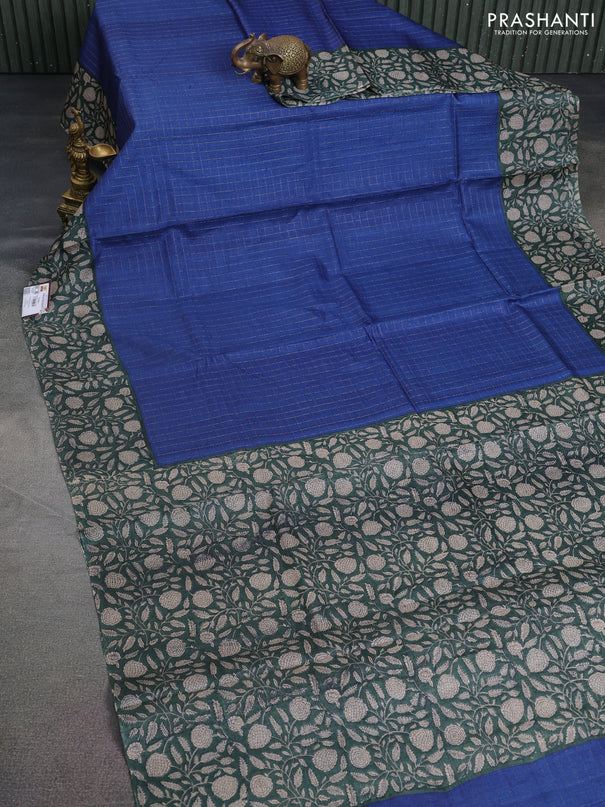 Pure tussar silk saree blue and peacock green with allover zari checked pattern and kalamkari printed border