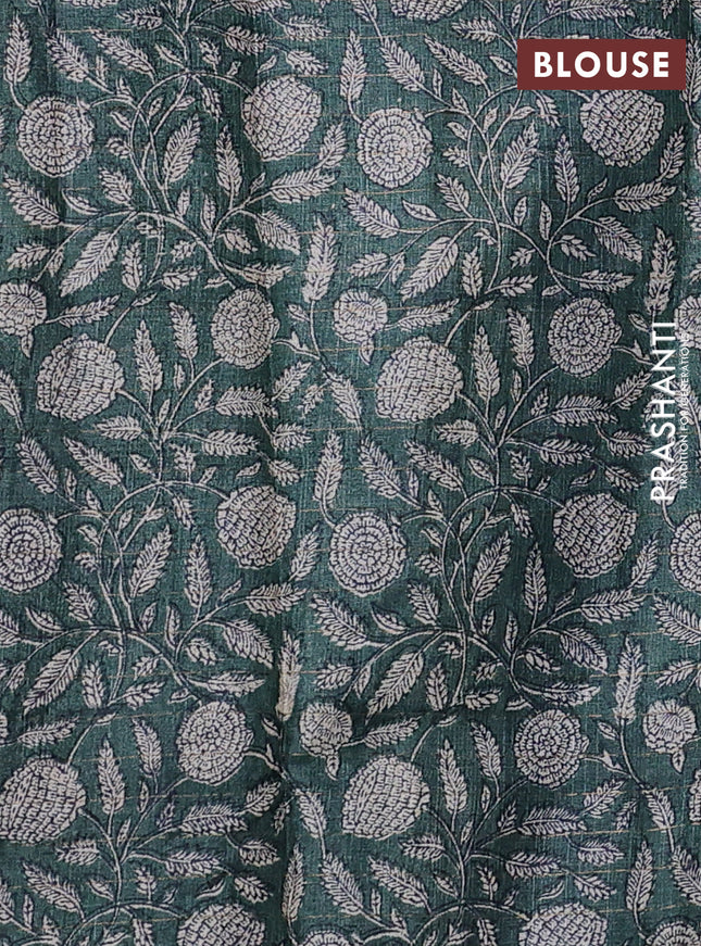 Pure tussar silk saree blue and peacock green with allover zari checked pattern and kalamkari printed border