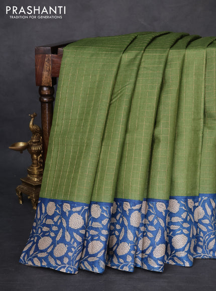 Pure tussar silk saree green and blue with allover zari checked pattern and kalamkari printed border