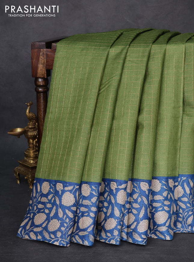 Pure tussar silk saree green and blue with allover zari checked pattern and kalamkari printed border