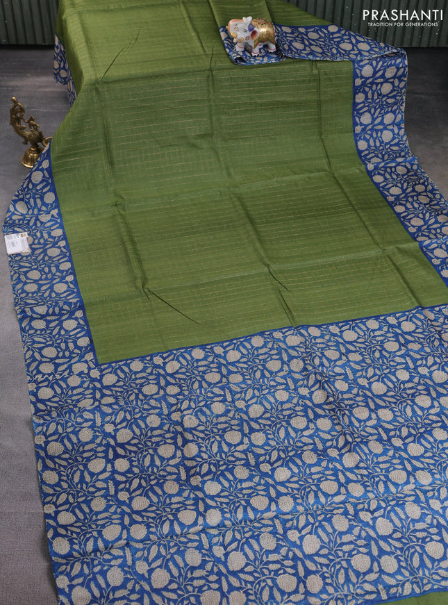 Pure tussar silk saree green and blue with allover zari checked pattern and kalamkari printed border
