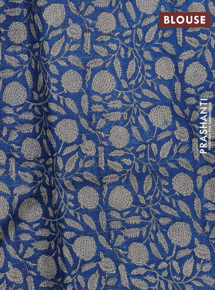 Pure tussar silk saree green and blue with allover zari checked pattern and kalamkari printed border