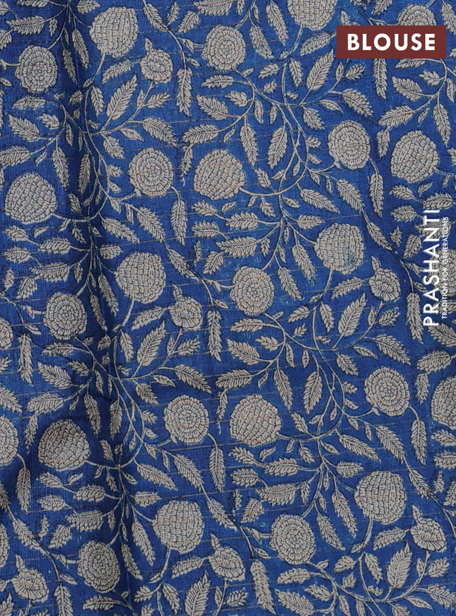 Pure tussar silk saree green and blue with allover zari checked pattern and kalamkari printed border