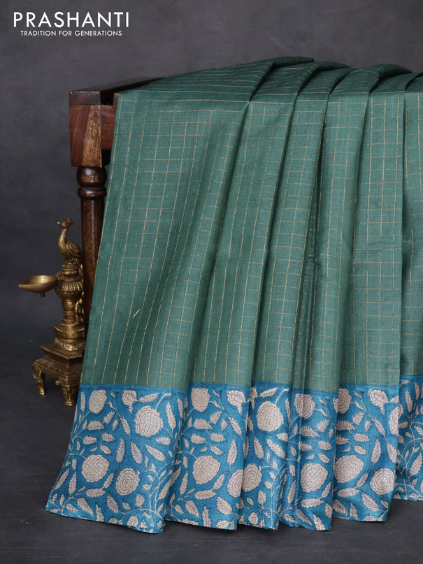 Pure tussar silk saree green shade and cs blue with allover zari checked pattern and kalamkari printed border