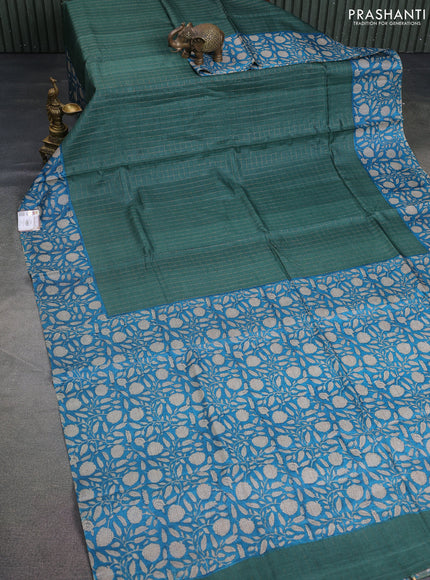 Pure tussar silk saree green shade and cs blue with allover zari checked pattern and kalamkari printed border