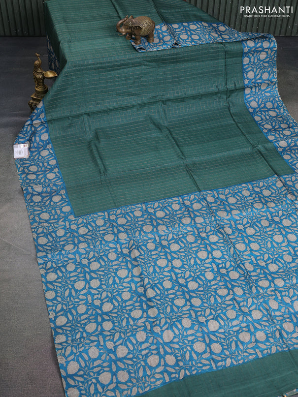 Pure tussar silk saree green shade and cs blue with allover zari checked pattern and kalamkari printed border