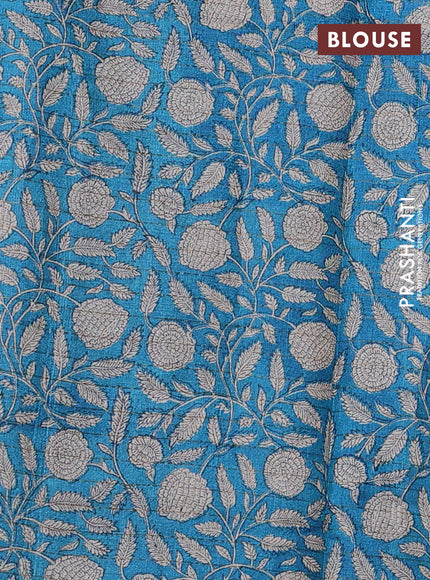 Pure tussar silk saree green shade and cs blue with allover zari checked pattern and kalamkari printed border