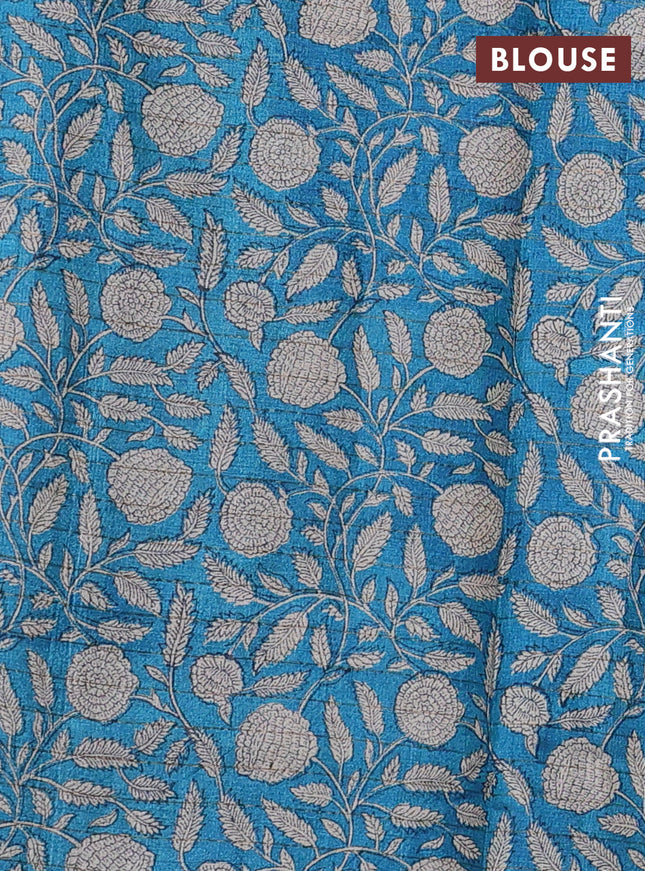 Pure tussar silk saree green shade and cs blue with allover zari checked pattern and kalamkari printed border