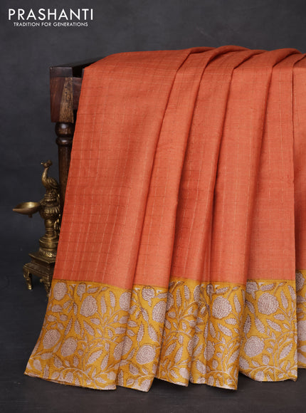 Pure tussar silk saree rust shade and mustard yellow with allover zari checked pattern and kalamkari printed border