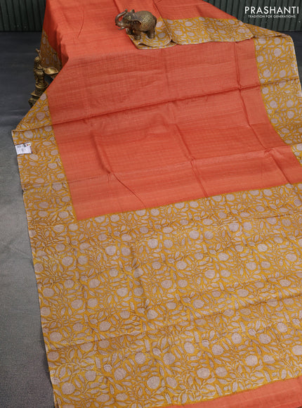 Pure tussar silk saree rust shade and mustard yellow with allover zari checked pattern and kalamkari printed border