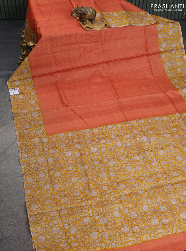 Pure tussar silk saree rust shade and mustard yellow with allover zari checked pattern and kalamkari printed border