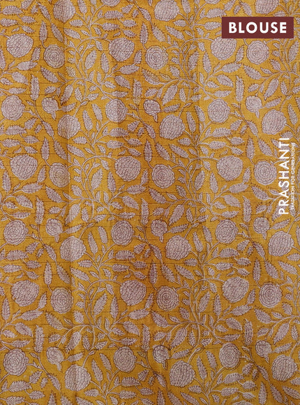 Pure tussar silk saree rust shade and mustard yellow with allover zari checked pattern and kalamkari printed border
