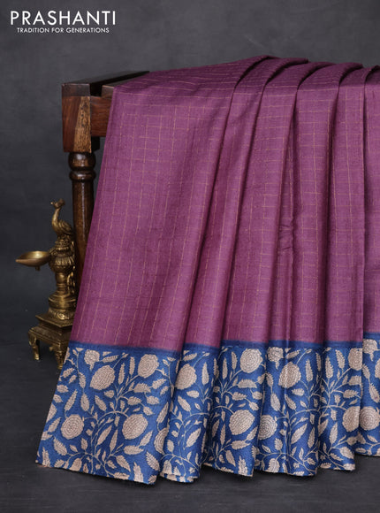 Pure tussar silk saree wine shade and blue with allover zari checked pattern and kalamkari printed border