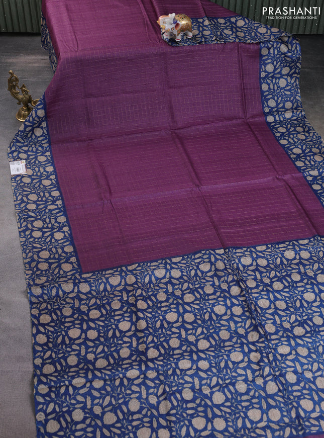 Pure tussar silk saree wine shade and blue with allover zari checked pattern and kalamkari printed border