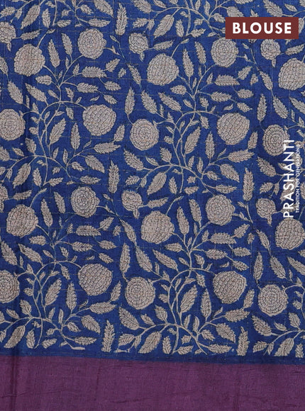Pure tussar silk saree wine shade and blue with allover zari checked pattern and kalamkari printed border
