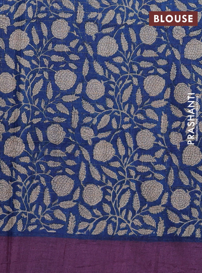 Pure tussar silk saree wine shade and blue with allover zari checked pattern and kalamkari printed border