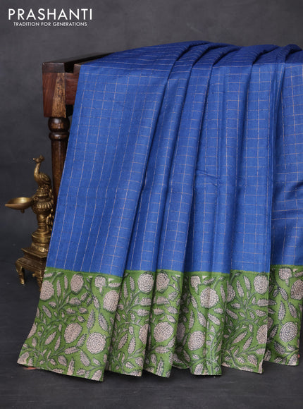 Pure tussar silk saree blue and green with allover zari checked pattern and kalamkari printed border