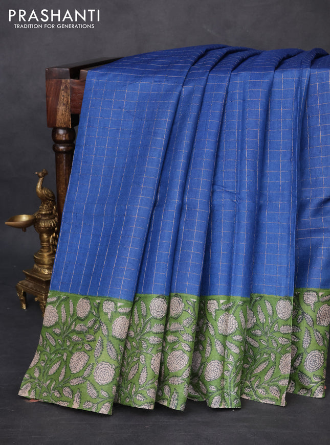 Pure tussar silk saree blue and green with allover zari checked pattern and kalamkari printed border
