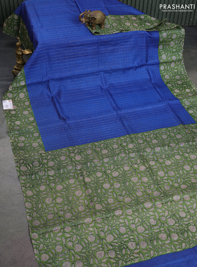 Pure tussar silk saree blue and green with allover zari checked pattern and kalamkari printed border