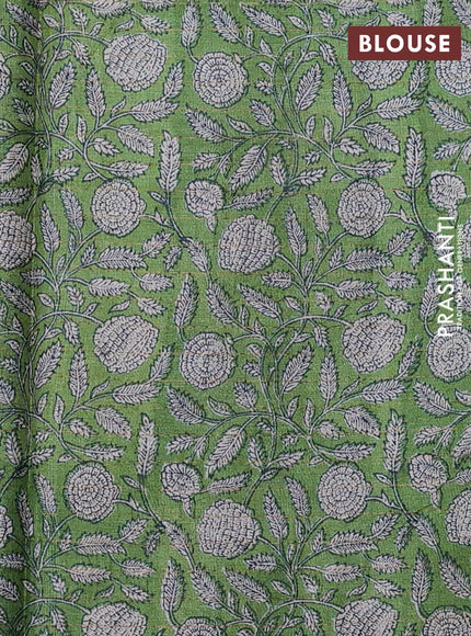 Pure tussar silk saree blue and green with allover zari checked pattern and kalamkari printed border