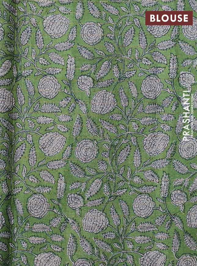 Pure tussar silk saree blue and green with allover zari checked pattern and kalamkari printed border