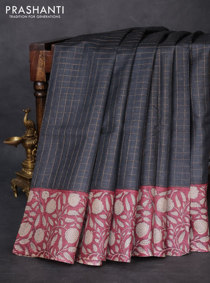 Pure tussar silk saree black and maroon with allover zari checked pattern and kalamkari printed border