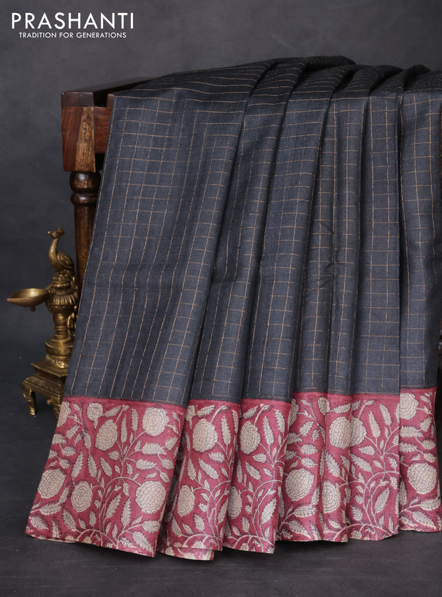 Pure tussar silk saree black and maroon with allover zari checked pattern and kalamkari printed border