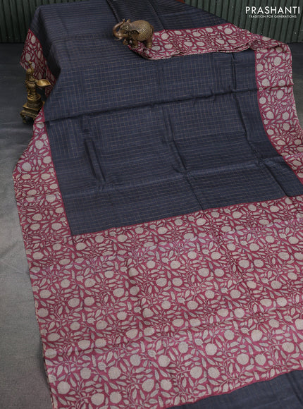 Pure tussar silk saree black and maroon with allover zari checked pattern and kalamkari printed border