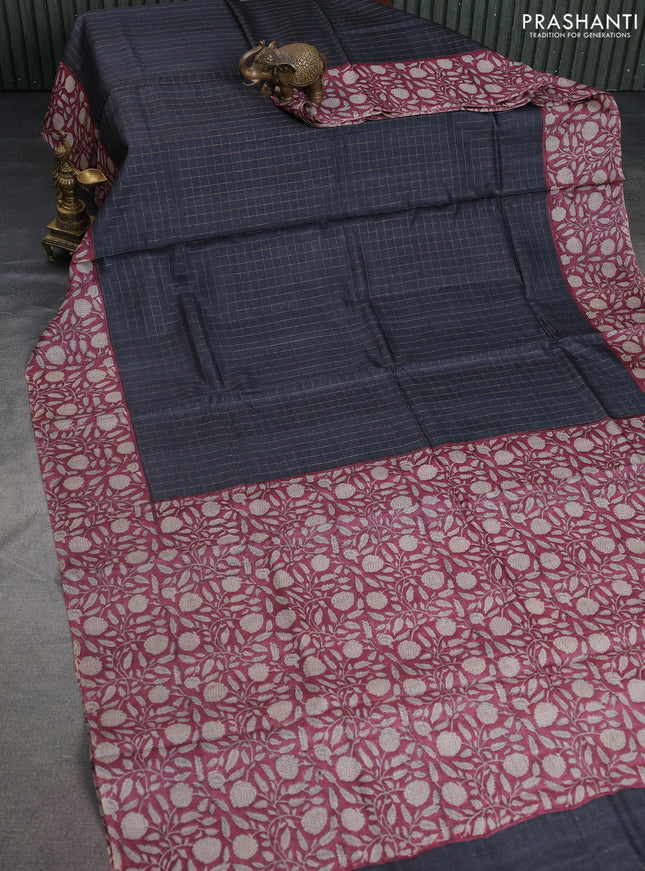 Pure tussar silk saree black and maroon with allover zari checked pattern and kalamkari printed border