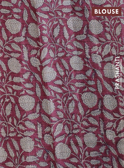 Pure tussar silk saree black and maroon with allover zari checked pattern and kalamkari printed border