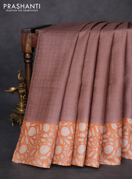 Pure tussar silk saree pastel brown and orange with allover zari checked pattern and kalamkari printed border